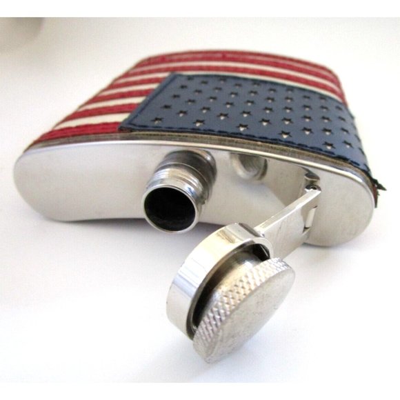 AMERICAN FLAG FLASK USA 6oz Patriotic Stainless Steel Screw Top Stitched Leather - Picture 12 of 14